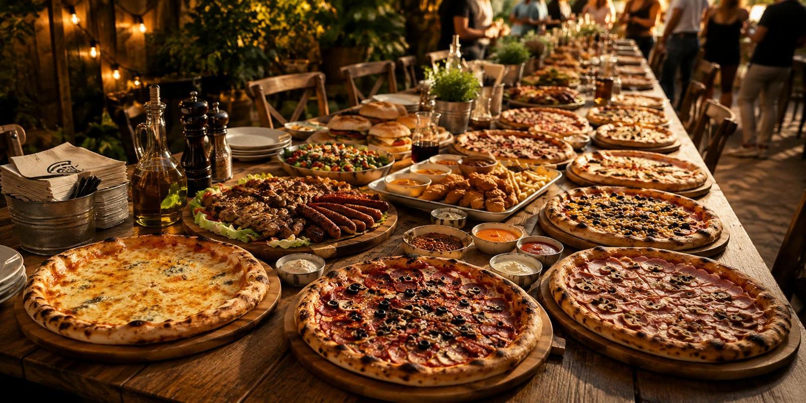 Masă pregătită pentru un eveniment, cu platouri și pizza